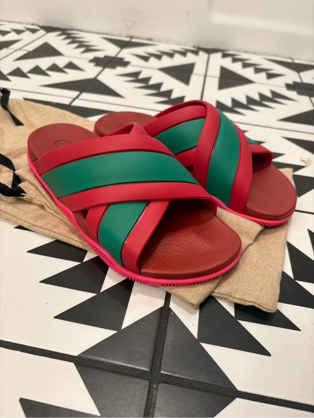 Gucci Red and Green Crisscross Slide Sandals